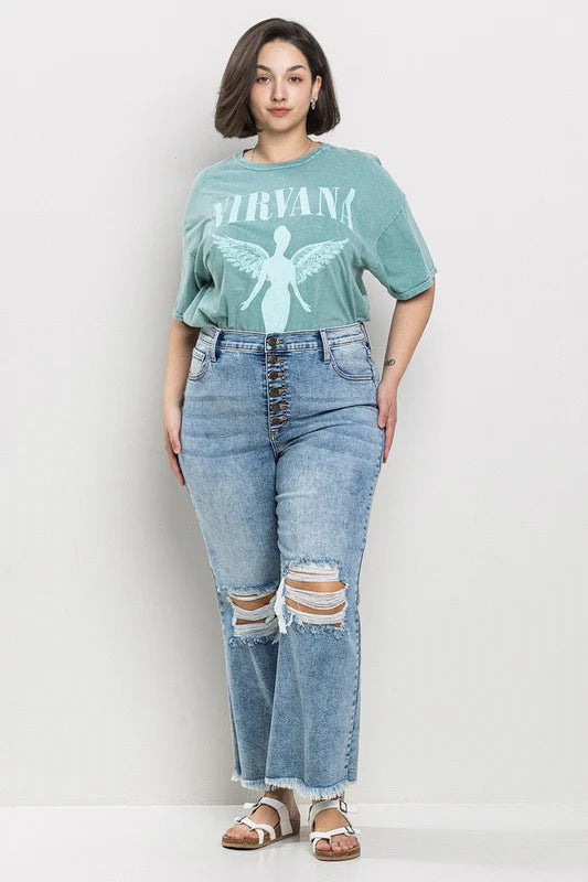 Sneak Peak button-up High Rise frazzle bottom Blue Jean