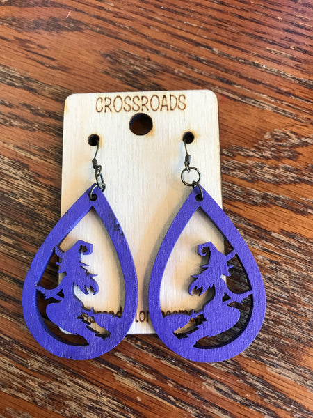 Witch on a Broom Earrings-Purple