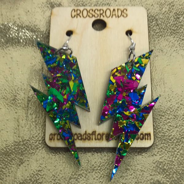 Lightning Bolt Acrylic Confetti Earrings-Peacock