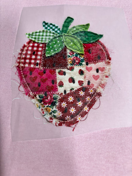 Gildan Pink t-shirt with patchwork strawberry OhhMy! Gifts and Things, LLC