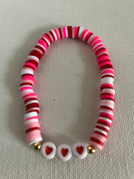 Stretch Bracelets-Pink/Red/White with 3 hear charms