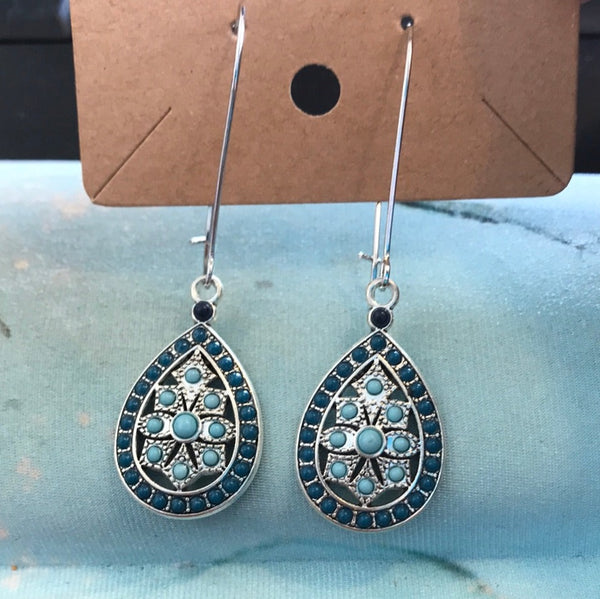 Assorted Dangle Earrings-Silver Teardrop w/turquoise