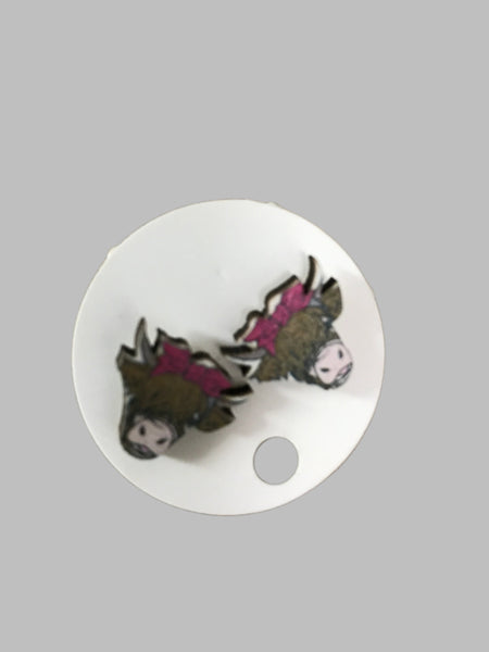 Wooden Stud Earrings-Highland Cow w pink bow