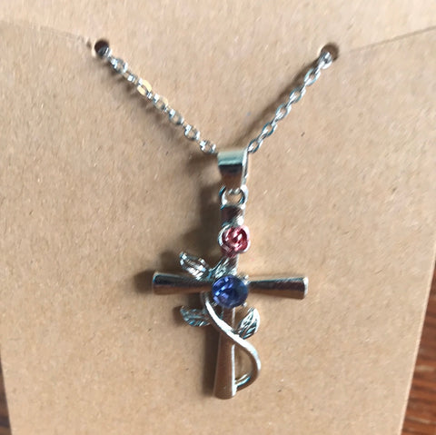 Purple Crystal w/Rose Cross Necklace