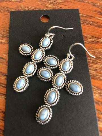 Silver Cross Lite Blue Stone Earrings