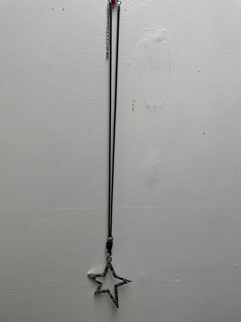 32" Black Rope Necklace with Large Silver Star - Statement Jewelry