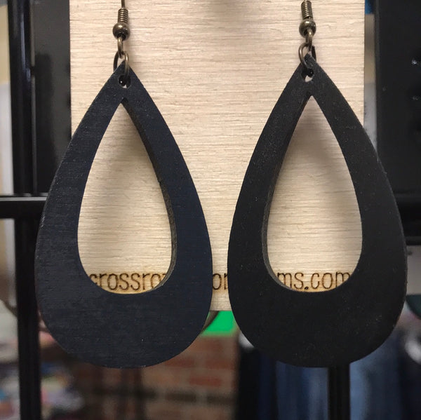 Offset Teardrop Wood Hoop Earrings-Black