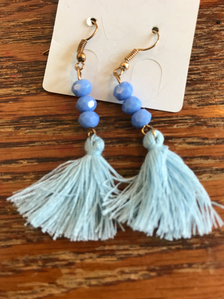 Small Beaded Tassel Earrings-Blue