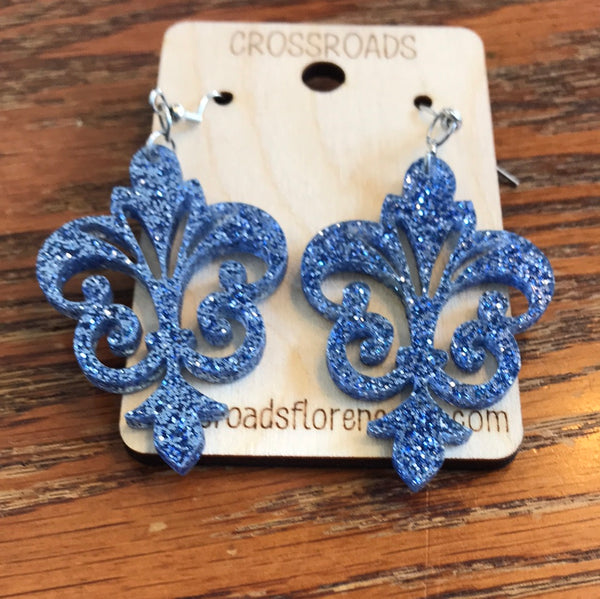 Fleur de Lis Earrings-Blue Glitter