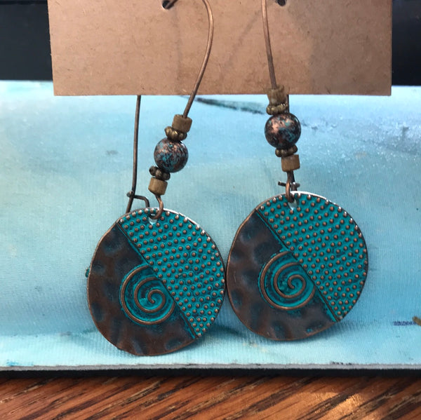 Assorted Dangle Earrings-Round Copper w/teal