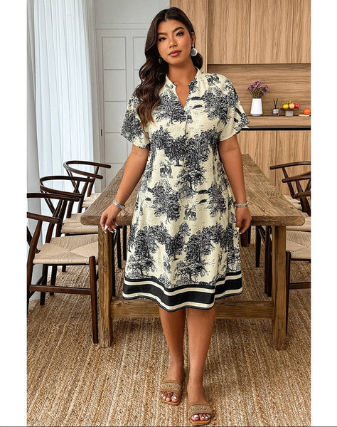 Plus Size Floral Print V Neck Fit Midi Dress Supreme Fashion