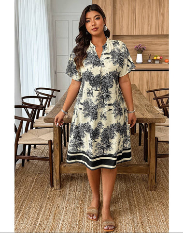 Plus Size Floral Print V Neck Fit Midi Dress Supreme Fashion