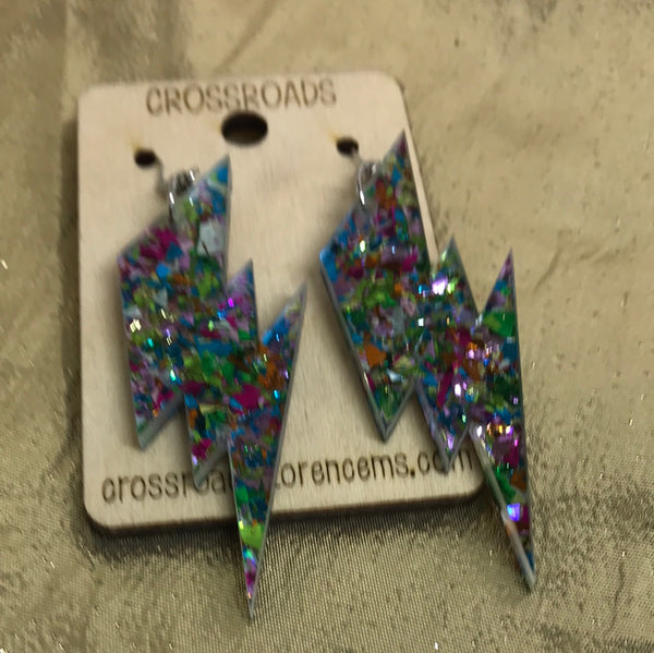 Lightning Bolt Acrylic Confetti Earrings-Silver