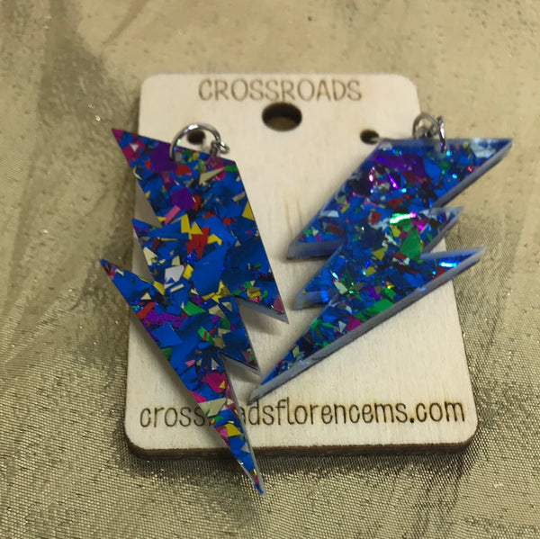 Lightning Bolt Acrylic Confetti Earrings-Blue