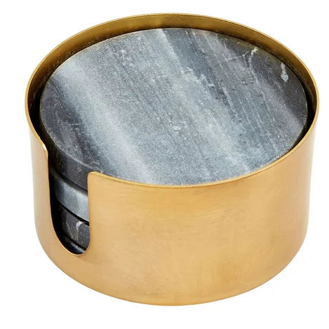 4"Round Black Marble coasters w/gold Holder 