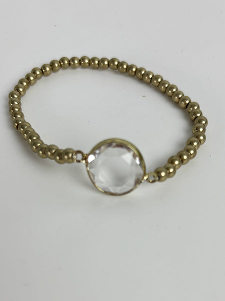 Gold Beaded Bracelet with Crystal Focal Point - Stretch Bracelet for Women