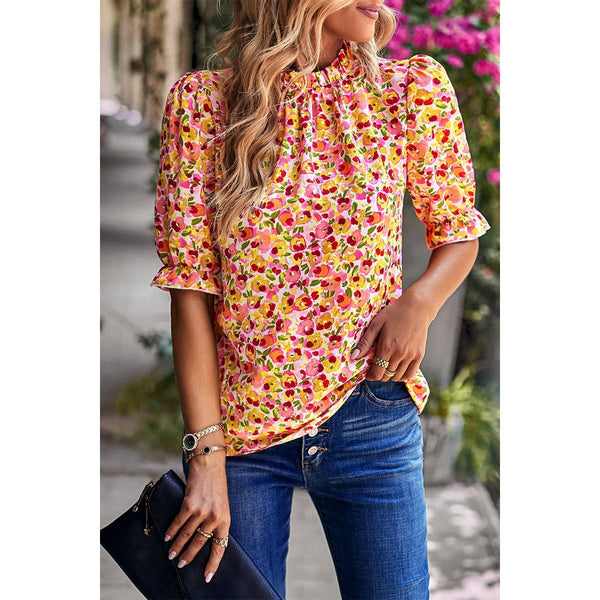 Boho Floral Ruffle Mock Neck Puff Short Sleeve Shirt Supreme Fashion