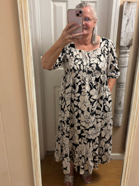 Southern Stitch Black White Floral Maxi Dress Women Long Elegant Casual OhhMy! Gifts and Things, LLC