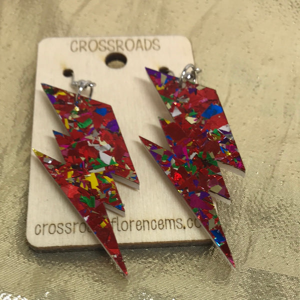 Lightning Bolt Acrylic Confetti Earrings-Red