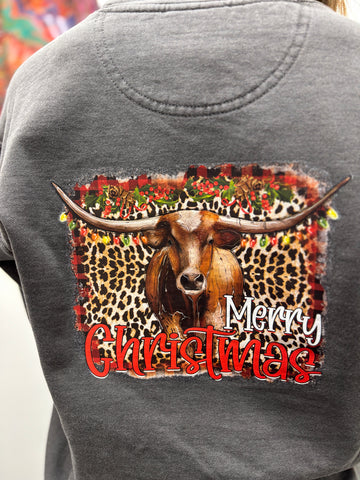 Comfort Color Dark Gray Small Sweatshirt w/Long Horn Cow "Merry Christmas" Kristie Clark