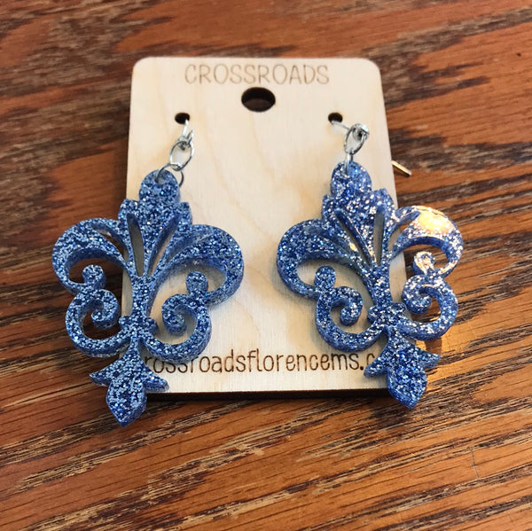 Fleur de Lis Earrings-Blue Glitter