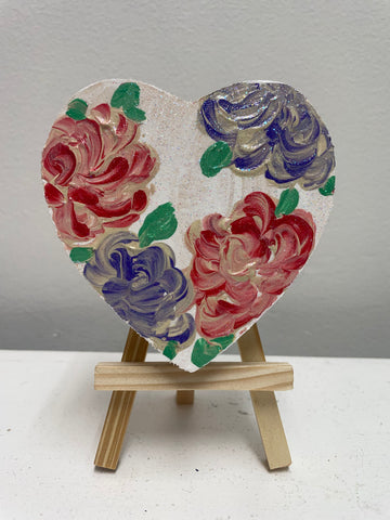 Handmade 4x4 white wood heart shelf sitter with floral design & stand. Perfect farmhouse rustic home decor gift. Artisan crafted by Tiffany Sutton. Free standing display.