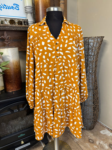 Umgee Mustard Printed Tiered Dress | Boho Fall Boutique Style Kay Kayla