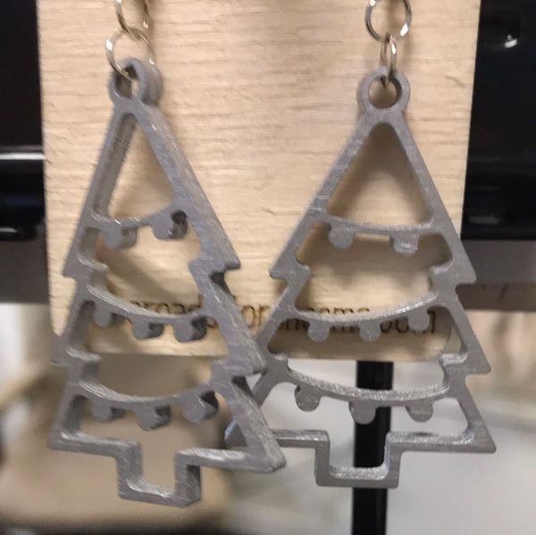 Christmas Tree Earrings-Metallic Silver