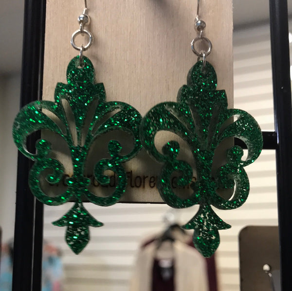 Fleur de Lis Earrings-Green Glitter