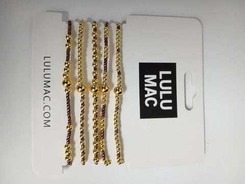 Lulu Mac 5-Strand Beaded Gold & Brown Stretch Bracelet