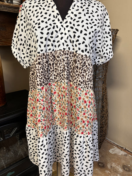 Umgee Mixed Print Tiered Dress | Animal & Floral Boutique Midi Dress Kay Kayla