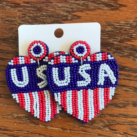 Beaded USA Heart Earrings