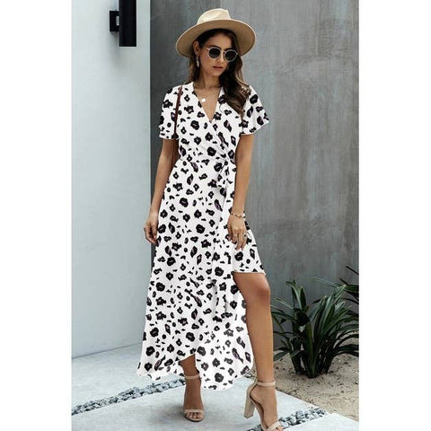 Allover Print High V Neck Low Wrap Dress Supreme Fashion