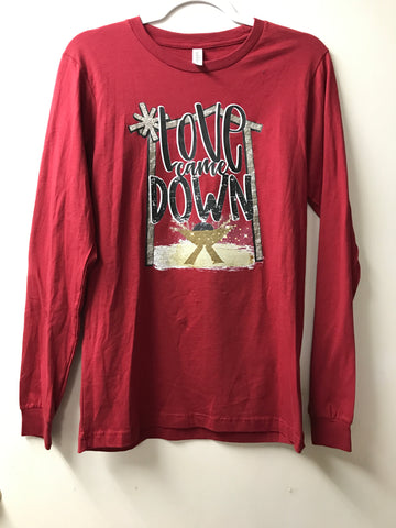 Love Came Down Long Sleeve Christmas T-Shirt w/manger-Red