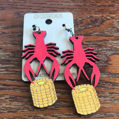 Crawfish & Corn Wood Earrings