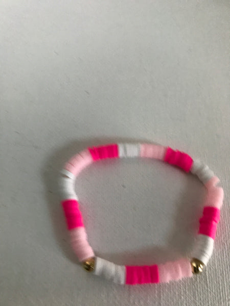 Stretch Bracelets-Pink/White/Dark Pink w 2 gold Beads 