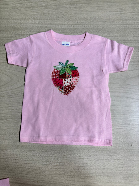Gildan Pink t-shirt with patchwork strawberry OhhMy! Gifts and Things, LLC