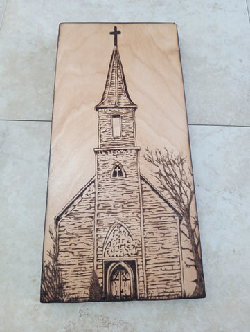 6"x15" Wood Art Lasered Church w/steeple/cross