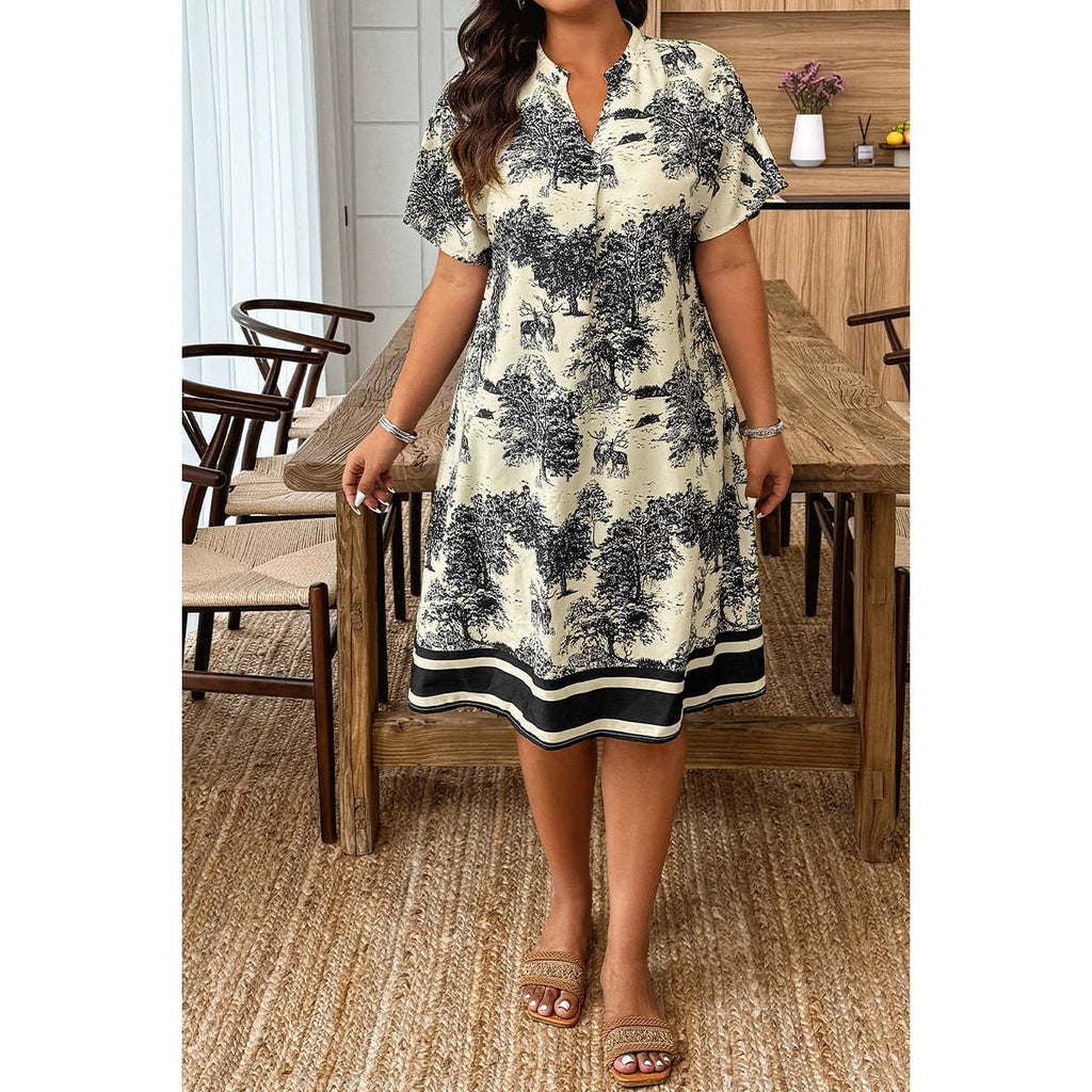 Plus Size Floral Print V Neck Fit Midi Dress Supreme Fashion