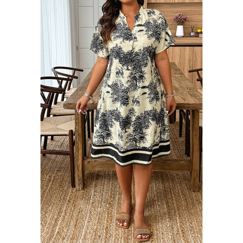 Plus Size Floral Print V Neck Fit Midi Dress Supreme Fashion