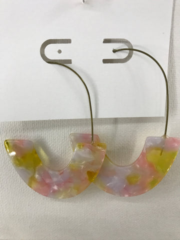 Acrylic U-Shaped Pink/White/Gold- Dangle Wire Earrings