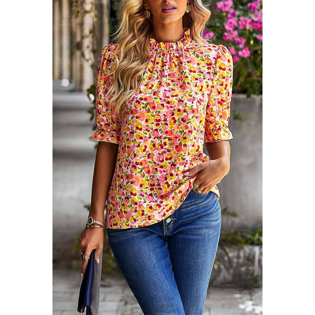 Boho Floral Ruffle Mock Neck Puff Short Sleeve Shirt Supreme Fashion