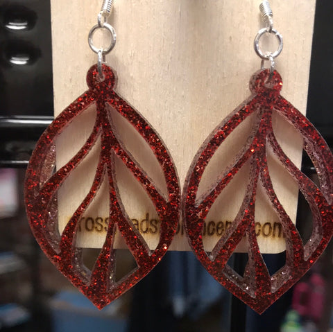 Leaf Acrylic Earrings-Scarlet Glitter