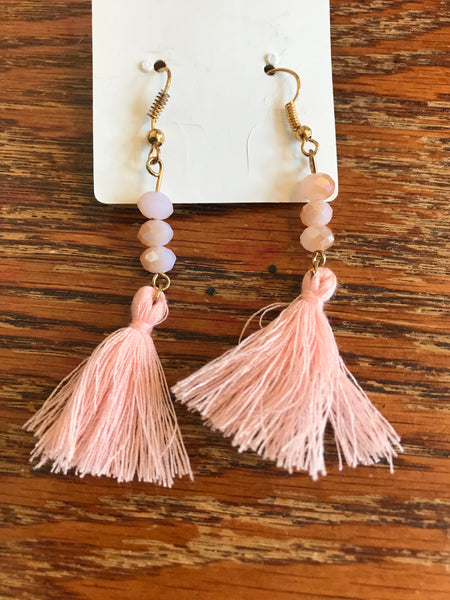 Small Beaded Tassel Earrings-Pink