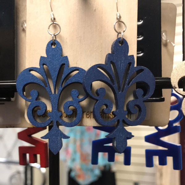 Fleur de Lis Earrings-Blue Metallic