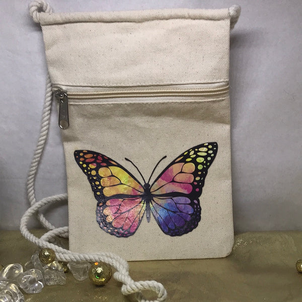 Canvas Purse w/Rope Strap-Multi Color Butterfly 