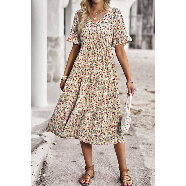 Boho Floral Ruffle Hem V Neck Short Sleeve Dress OhhMy! Gifts and Things, LLC