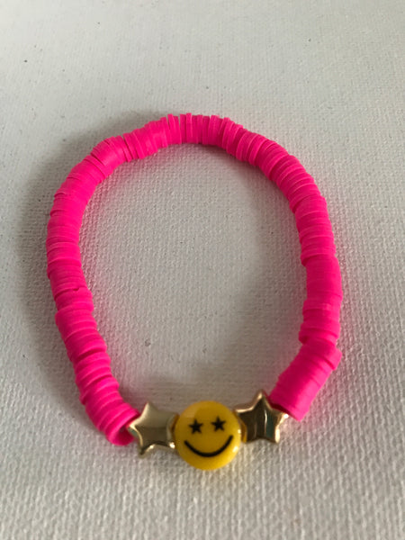 Stretch Bracelets-Pink w Stars w/Smiley Face