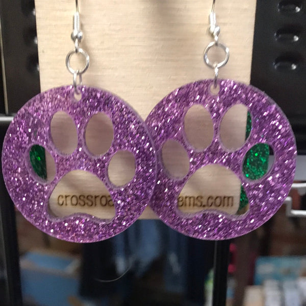 Circle Paw Print Earrings-Purple glitter