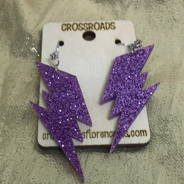 Lightning Bolt Glitter Earrings-Purple Glitter
